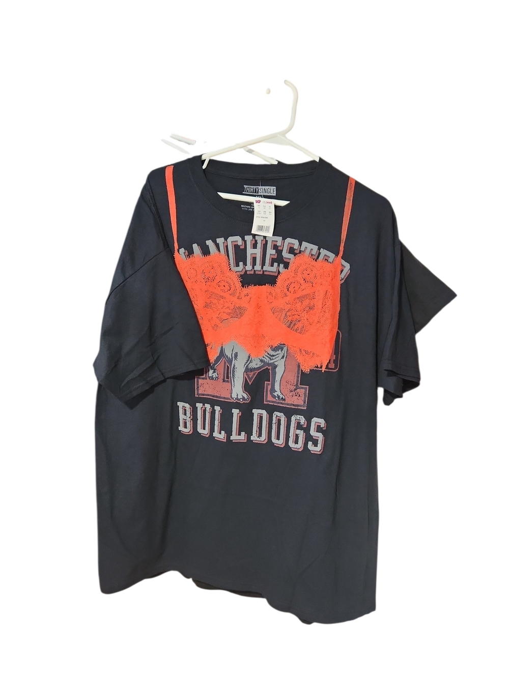 Vintage-Inspired Manchester Bulldogs Graphic Tee with Orange Lace Bralette